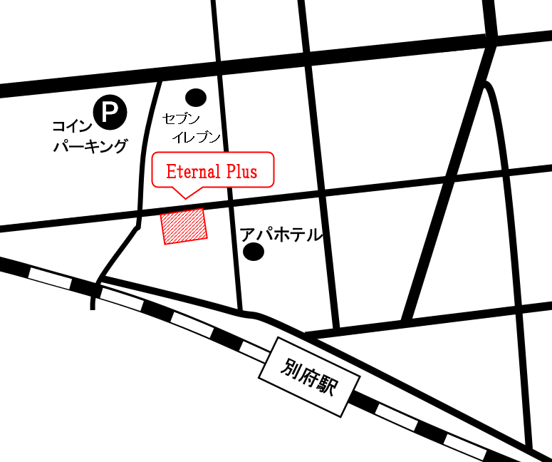 別府市 田の湯にある事務所のマップです。別府駅より徒歩3分ほど。